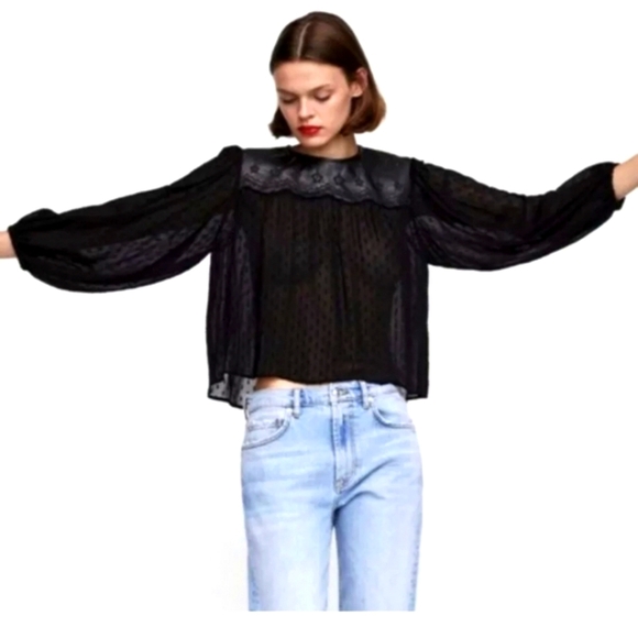 Zara blouson black swiss dot detail. Like new size small. - Picture 1 of 5